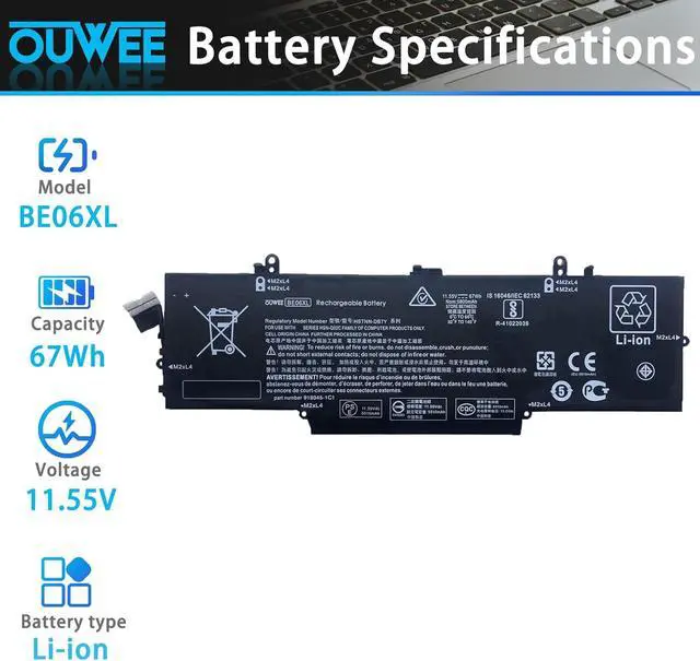 Alt view image 2 of 5 - BE06XL Laptop Battery Compatible with HP Elitebook 1040 G4 Folio Series Notebook HSTNN-IB7V HSTNN-DB7Y 918045-1C1 918045-171 918045-2C1 918108-855 HSN-Q02C BEO6XL 67Wh 5800mAh 11.55V