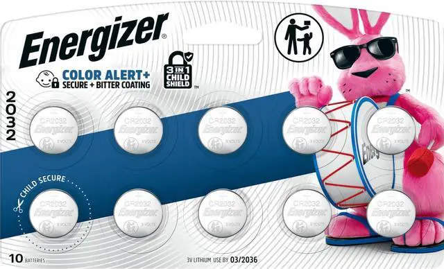 Main image of Energizer 2032 Batteries (10 Pack), 3V Lithium Coin Batteries with 3-in-1 Child Shield