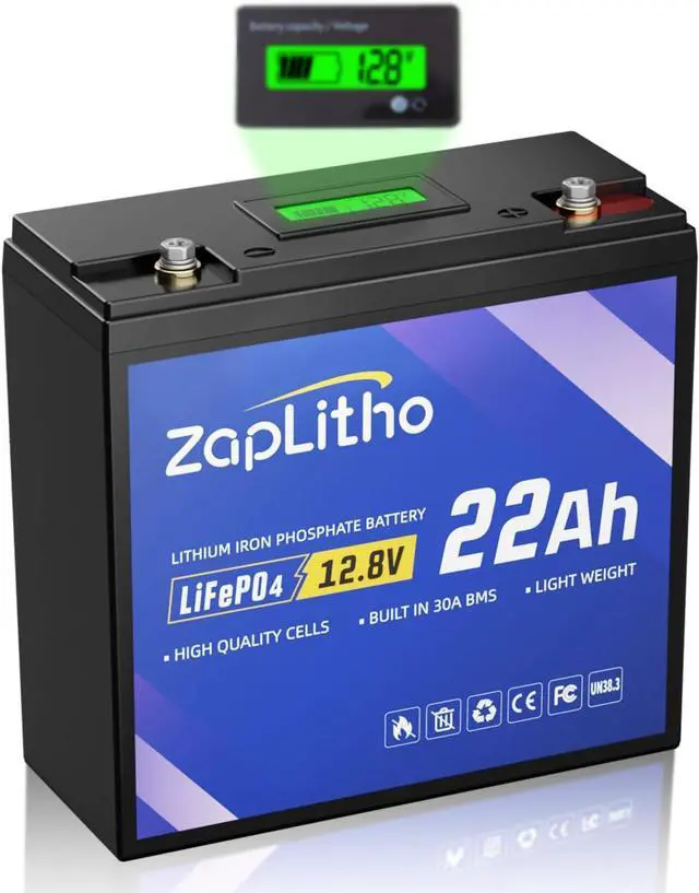 Main image of Upgraded 12V 22Ah Lithium Battery LiFePO4, LCD Voltage Diaplay & 30A BMS, Deep Cycle Grade A Cells, Lightweight Lithium Iron Phosphate Battery for Fishfinder, Ham Radio, Camp, Solar, Off Grid