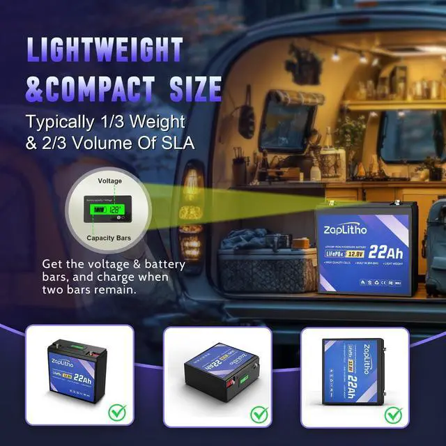 Alt view image 3 of 7 - Upgraded 12V 22Ah Lithium Battery LiFePO4, LCD Voltage Diaplay & 30A BMS, Deep Cycle Grade A Cells, Lightweight Lithium Iron Phosphate Battery for Fishfinder, Ham Radio, Camp, Solar, Off Grid