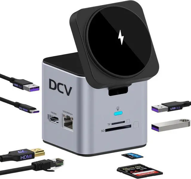 Main image of USB C Laptop Docking Station with MagSafe Charger Stand, 9 in 1 USB C Hub Multiport Adapter with 4K HDMI, 1Gbps Ethernet, 3 USB 3.0, SD/TF, Compatible with MacBook/Dell/HP/Lenovo/iPhone (Silver Gray)