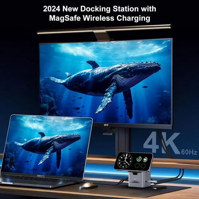 Alt view image 3 of 7 - USB C Laptop Docking Station with MagSafe Charger Stand, 9 in 1 USB C Hub Multiport Adapter with 4K HDMI, 1Gbps Ethernet, 3 USB 3.0, SD/TF, Compatible with MacBook/Dell/HP/Lenovo/iPhone (Silver Gray)