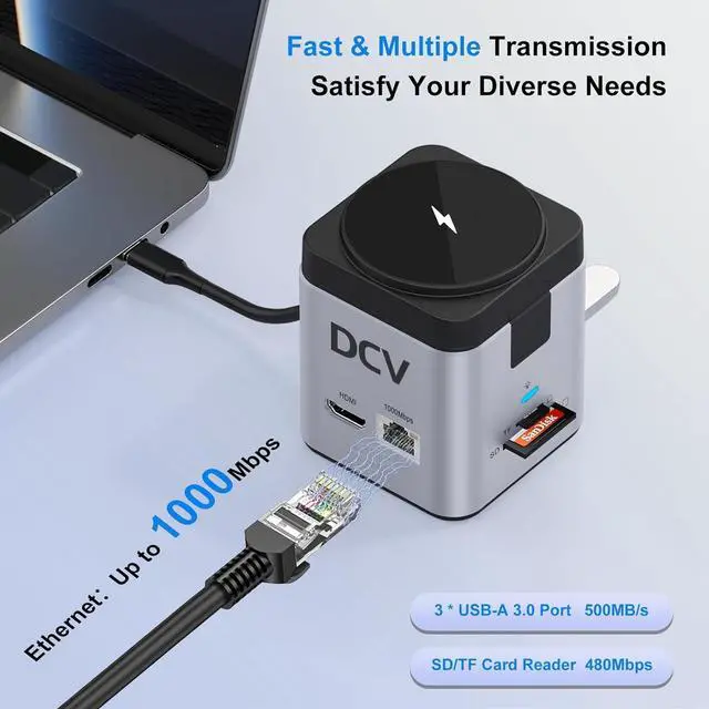 Alt view image 4 of 7 - USB C Laptop Docking Station with MagSafe Charger Stand, 9 in 1 USB C Hub Multiport Adapter with 4K HDMI, 1Gbps Ethernet, 3 USB 3.0, SD/TF, Compatible with MacBook/Dell/HP/Lenovo/iPhone (Silver Gray)