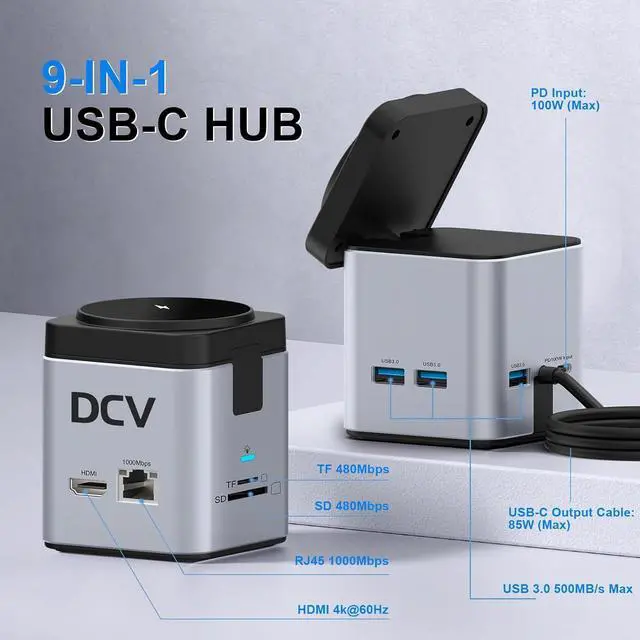 Alt view image 6 of 7 - USB C Laptop Docking Station with MagSafe Charger Stand, 9 in 1 USB C Hub Multiport Adapter with 4K HDMI, 1Gbps Ethernet, 3 USB 3.0, SD/TF, Compatible with MacBook/Dell/HP/Lenovo/iPhone (Silver Gray)