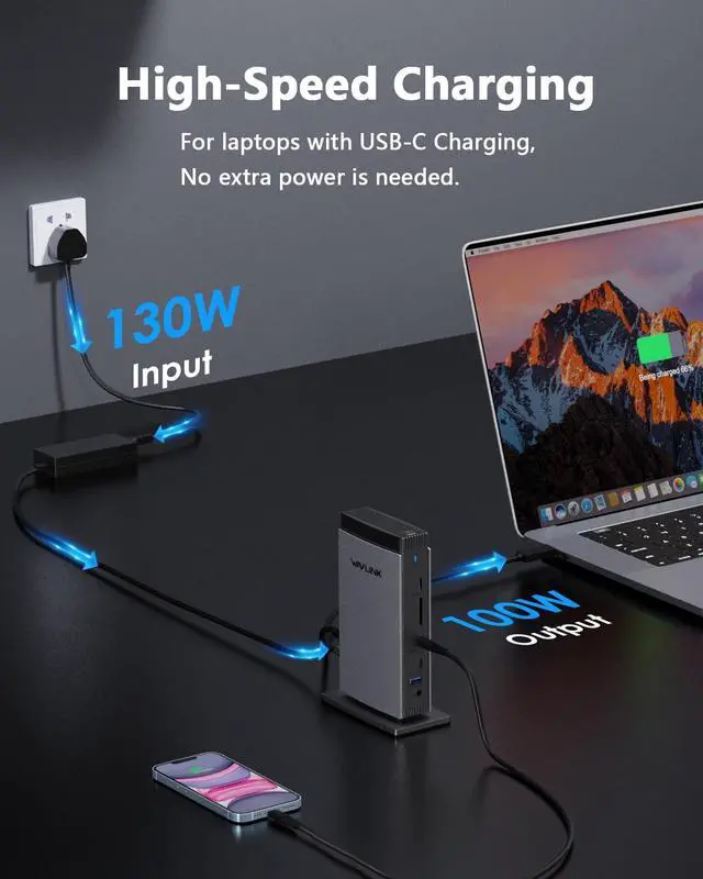 Alt view image 5 of 6 - WAVLINK DisplayLink Docking Station 3 Monitors with 130WPD Power Adapter, USB C Laptop Dock for M1/M2/M3/M4/Mac and Windows, Thunderbolt 4/3