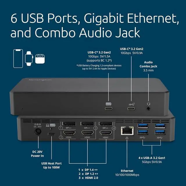 Alt view image 3 of 5 - Kensington DisplayLink 4K Docking Station, Triple 4K for MacBook Pro/Air M1/M2/M3/M4, 14ports, 3xHDMI/3xDisplayPort,4xUSB A,2xUSB C 3.2, Ethernet, Audio, 100W PD (K33621NA)
