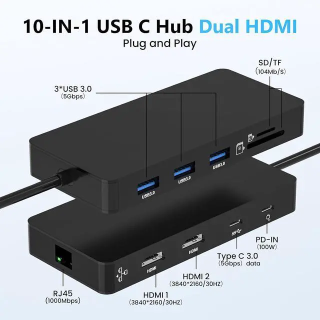 Alt view image 4 of 7 - Laptop Docking Station Dual 4K HDTV Monitor, Fophmo USB C to 2 HDTV Splitter Extended Display, 1000Mbps LAN, USB A&C 3.0 Ports(10Gbps), SD/TF Card, 100W PD Charging, MacOS Only Mirrors Same Screen