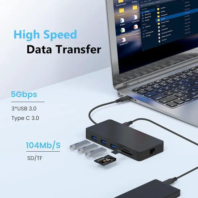 Alt view image 6 of 7 - Laptop Docking Station Dual 4K HDTV Monitor, Fophmo USB C to 2 HDTV Splitter Extended Display, 1000Mbps LAN, USB A&C 3.0 Ports(10Gbps), SD/TF Card, 100W PD Charging, MacOS Only Mirrors Same Screen