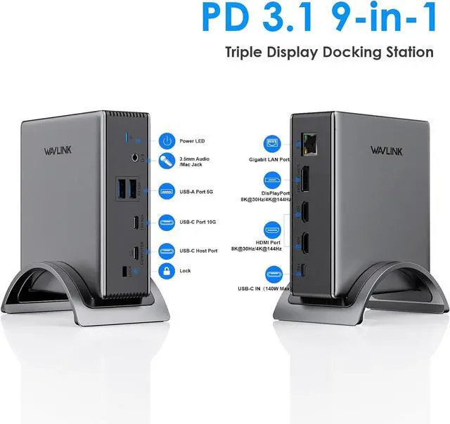 Alt view image 2 of 7 - Laptop Docking Station,WAVLINK PD3.1 Docking Station 3 Monitors with 8K@30Hz/4K@144Hz,2*HDMI + DP,140W PD Charge,USB-C 10Gb,USB-A 5Gb,Gigabit Ethernet,Audio/Mic for HP, Dell,Windows System Computer