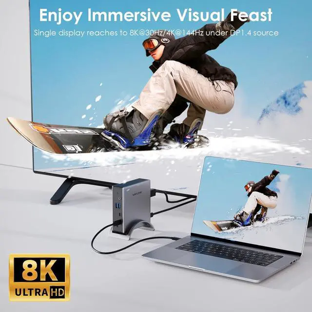 Alt view image 3 of 7 - Laptop Docking Station,WAVLINK PD3.1 Docking Station 3 Monitors with 8K@30Hz/4K@144Hz,2*HDMI + DP,140W PD Charge,USB-C 10Gb,USB-A 5Gb,Gigabit Ethernet,Audio/Mic for HP, Dell,Windows System Computer