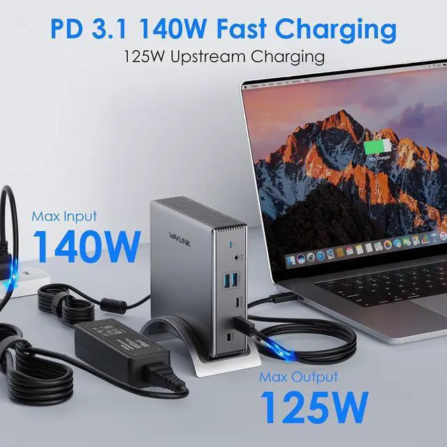 Alt view image 7 of 7 - Laptop Docking Station,WAVLINK PD3.1 Docking Station 3 Monitors with 8K@30Hz/4K@144Hz,2*HDMI + DP,140W PD Charge,USB-C 10Gb,USB-A 5Gb,Gigabit Ethernet,Audio/Mic for HP, Dell,Windows System Computer