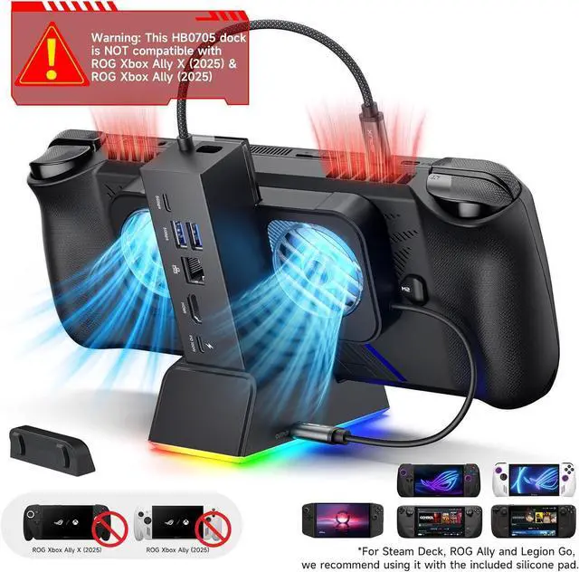 Alt view image 2 of 7 - JSAUX Docking Station for ROG Ally X/ROG Ally/Steam Deck/Legion Go, 7-in-1 Dock for ROG Ally X with RGB Cooling Fan, HDMI 4K@120Hz, Gigabit Ethernet, Dual USB & USB C 3.0, 100W PD Charging - HB0705