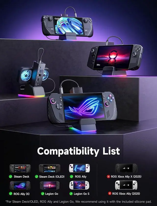 Alt view image 4 of 7 - JSAUX Docking Station for ROG Ally X/ROG Ally/Steam Deck/Legion Go, 7-in-1 Dock for ROG Ally X with RGB Cooling Fan, HDMI 4K@120Hz, Gigabit Ethernet, Dual USB & USB C 3.0, 100W PD Charging - HB0705