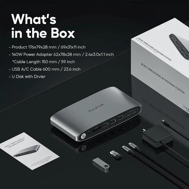 Alt view image 7 of 7 - DisplayLink Docking Station Triple Monitor with 140W Power Adapter, PULWTOP 4K@60Hz Laptop Docking USB C Dock for MacBook M1/M2/M3, Windows, 3xHDMI, 2xDisplayPort,5xUSB C/USB A Data/Charging