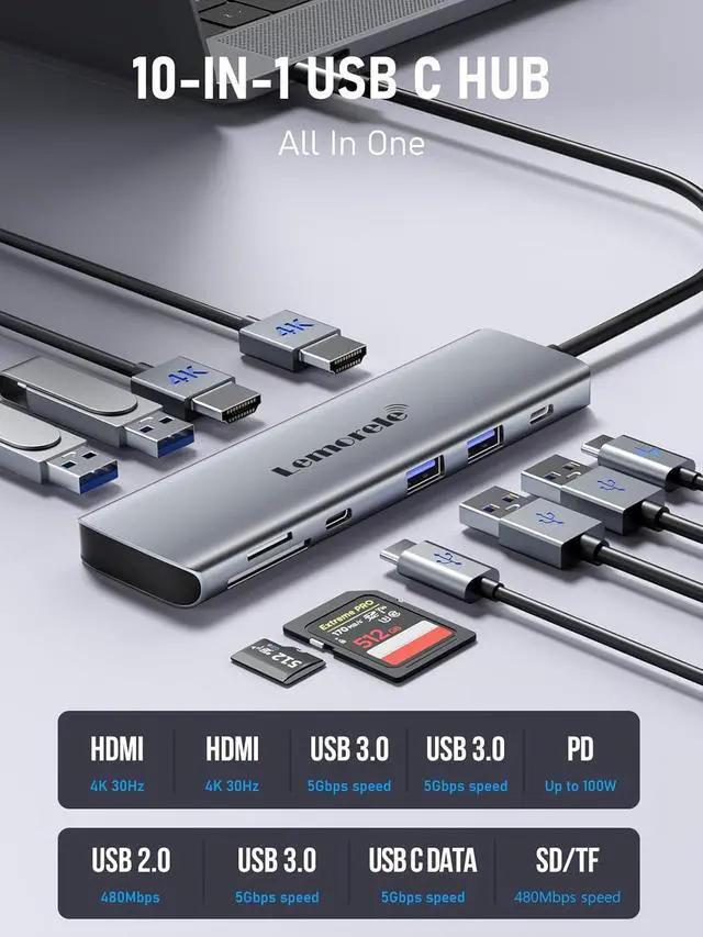 Alt view image 2 of 7 - USB C Docking Station Dual Monitor, 10 in 1 USB C Hub with 2 HDMI Ports, PD Charging, SD/TF, 5 USB C/A Ports, Dual HDMI Adapter for Dell XPS/HP/Lenovo/Surface