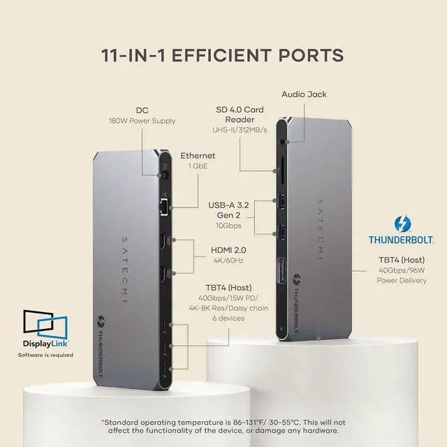 Alt view image 2 of 7 - Satechi Thunderbolt 4 Dock 100W Charging, Dual Monitor HDMI 4K/60Hz, 40Gbps Data Transfer, 2 USB-A 3.2, Ethernet, Thunderbolt 4 Dock for MacBook Air/Pro M4, Mac/Windows, DisplayLink Software Required