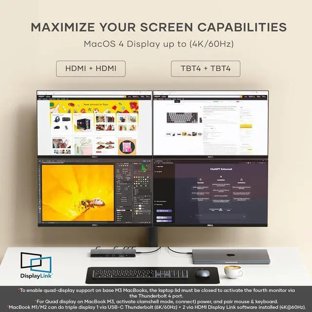 Alt view image 3 of 7 - Satechi Thunderbolt 4 Dock 100W Charging, Dual Monitor HDMI 4K/60Hz, 40Gbps Data Transfer, 2 USB-A 3.2, Ethernet, Thunderbolt 4 Dock for MacBook Air/Pro M4, Mac/Windows, DisplayLink Software Required