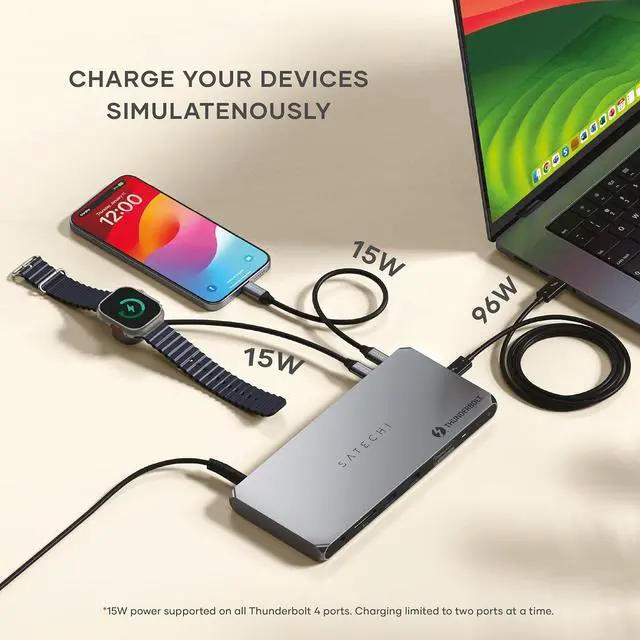 Alt view image 5 of 7 - Satechi Thunderbolt 4 Dock 100W Charging, Dual Monitor HDMI 4K/60Hz, 40Gbps Data Transfer, 2 USB-A 3.2, Ethernet, Thunderbolt 4 Dock for MacBook Air/Pro M4, Mac/Windows, DisplayLink Software Required