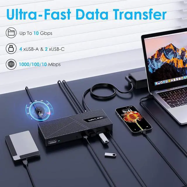 Alt view image 5 of 7 - WAVLINK USB C Triple Monitor Docking Station 13-in-1 Displaylink Dock with 100W Charging for Mac, Windows, Chrome, 3 HDMI+2DP, Gigabit Ethernet, USB-C, 4 USB-A 10Gbps, Audio, Driver Required