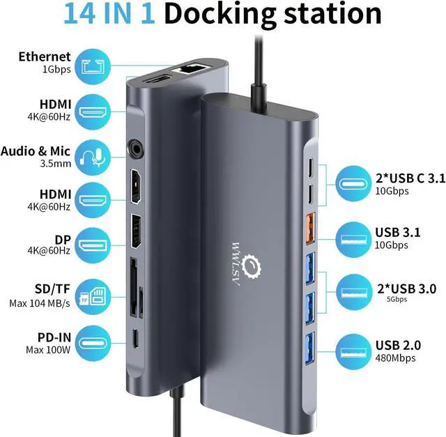 Alt view image 2 of 7 - Docking Station 3 Monitors for HP/MacBook/Dell/Lenovo/Surface, USB C Docking Station with Dual 4K@60Hz HDMI & 4K DP, 14-in-1 USB C Hub with 100W PD, USB-A/C 3.1, 1Gbps Ethernet, SD/TF, 3.5mm Audio/Mic