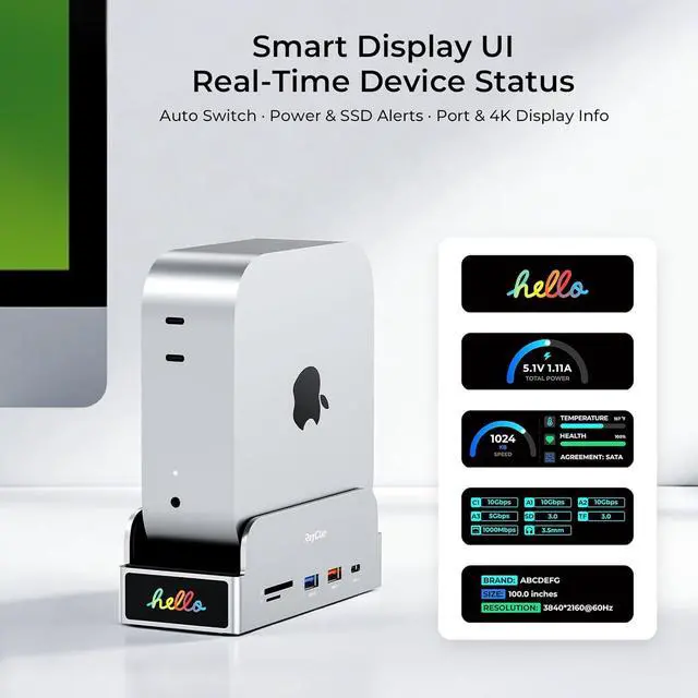 Alt view image 2 of 7 - RayCue SmartDock Pro for Mac mini M4 Dock Stand with M.2 NVMe SSD Enclosure, 4K 60Hz HDMI, 10Gbps USB-C/A, Gigabit Ethernet, SD/TF Card Readers  Space-Saving Vertical Hub Compatible with Mac mini