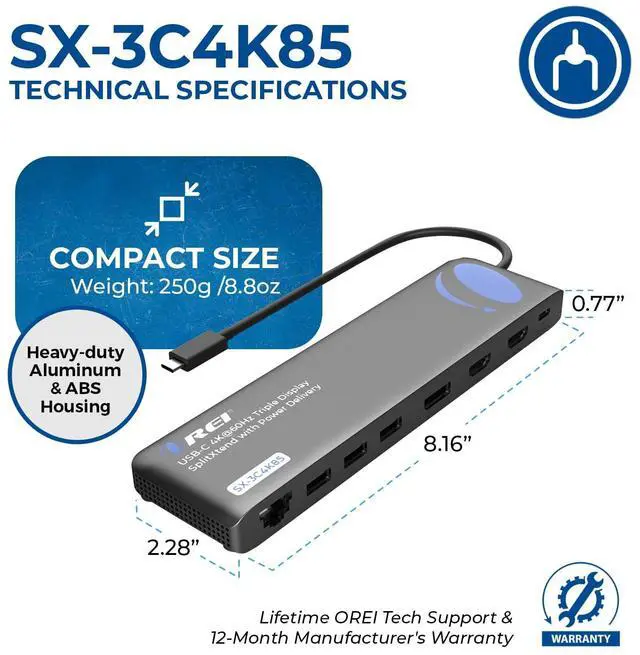 Alt view image 5 of 7 - OREI SplitExtend 4K Splitter Extended Display Triple Monitor 2, 1 DisplayPort Docking Station 4 Separate Screens - USB-C to HDMI Adapter, 100W PD LAN, 4 USB 3.0, MircoSD, Windows, Mac OS