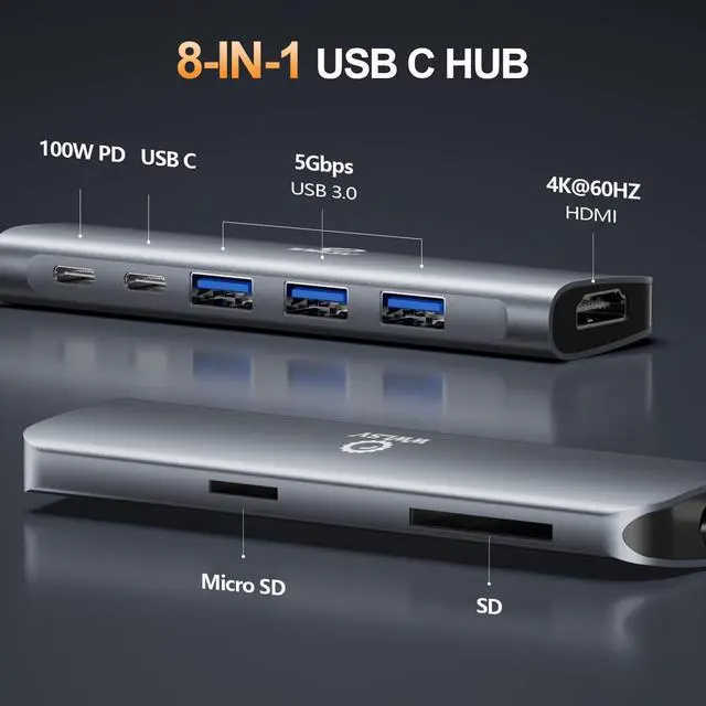 Alt view image 2 of 7 - USB C Hub Multiport Adapter for MacBook/Dell/HP/Lenovo, 8 in 1 Laptop Docking Station with 4K@60Hz HDMI, USB Hub for Laptop with USB 3.0/PD Charging/SD&TF Slots