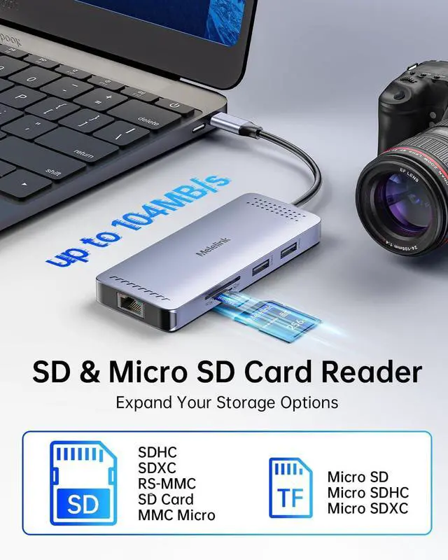 Alt view image 7 of 7 - USB C Hub Ethernet, 9 in 1 USB-C to Ethernet Multiport Adapter Dongle with HDMI 4K@60Hz, 100W PD Charging, Gigabit RJ45, SD/TF Card Reader, USB A&C 3.0, USBC Dock for MacBook, Dell, Lenovo, HP