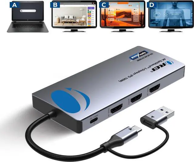 Main image of OREI SplitExtend Laptop Docking Station 3 Monitors - 2X USB 3.0, 1x Type-C, SD Card Reader - USB C Docking Station to HDMI 2.0 Extended Screen, 4K@30Hz Outputs - 100W PD