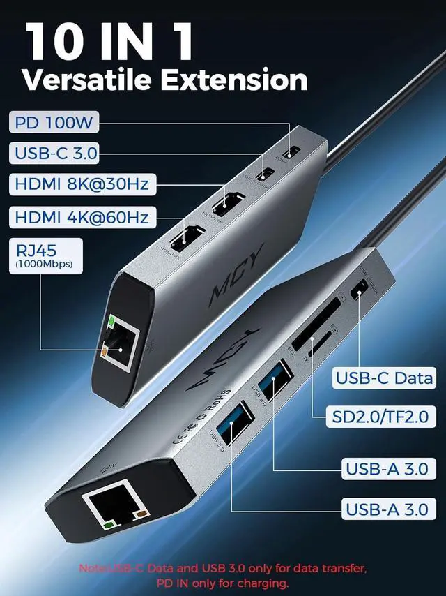 Alt view image 2 of 7 - MCY USB C Hub,Laptop Docking Station Dual Monitor Single 8K,2x4K@60Hz,10 in 1 Type-C Multiport Adapter with 2 HDMI,PD100W,Extender Splitter,Card Reader,Ethernet Dock for Mac/Dell/HP/Surface/Steam Deck