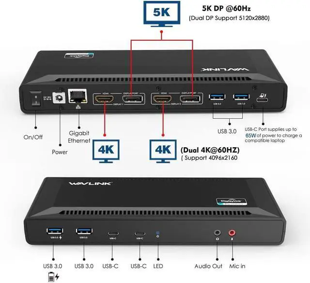 Alt view image 4 of 7 - WAVLINK USB C Universal Docking Station 60 W Power Supply Supports Dual 4K Video Outputs (DisplayPort and HDMI, Gigabit Ethernet, Audio Out and Mic in, 4 USB 3.0 and 2 USB C Ports)