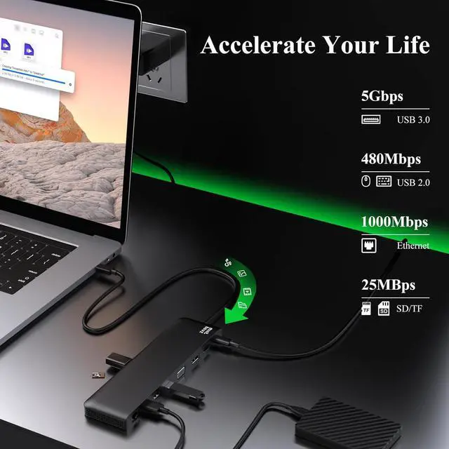 Alt view image 7 of 7 - USB C Docking Station Minthouz 12-in-1 Docking Station 3 Monitors, USB Hub with DisplayPort/HDMI/VGA, PD, USB 2.0/3.0, Gigabit Ethernet, SD/TF, Audio Jack USB C Dock for Windows & Mac