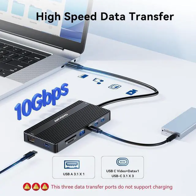 Alt view image 5 of 6 - ANYOYO USB C Docking Station Dual Monitor 14-in-1 Docking Station 3 Monitor(2 HDMI+ Video Out) 10Gbps (4*USB-C+1A) +PD100W+Ethernet+SD/TF Laptop Dock Multiport Adapter for Dell/HP/Lenovo/Thinkpad