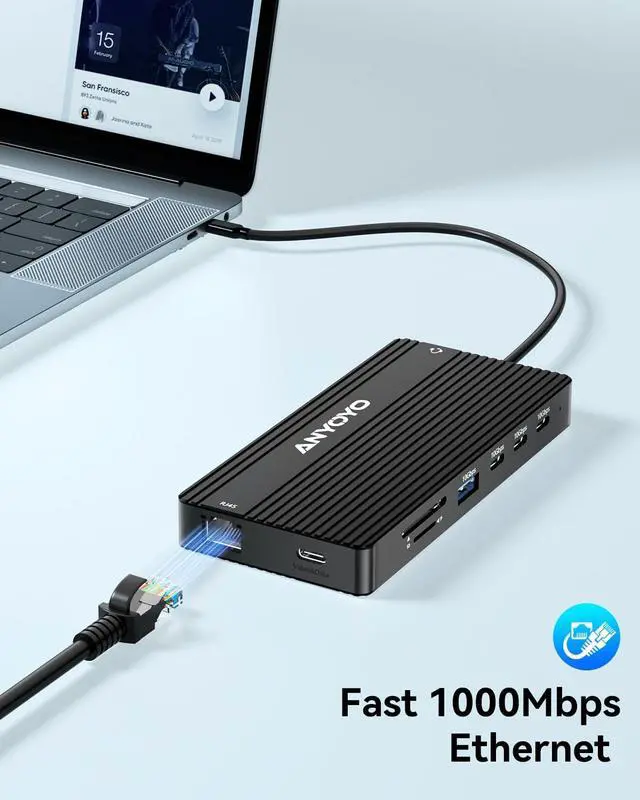 Alt view image 6 of 6 - ANYOYO USB C Docking Station Dual Monitor 14-in-1 Docking Station 3 Monitor(2 HDMI+ Video Out) 10Gbps (4*USB-C+1A) +PD100W+Ethernet+SD/TF Laptop Dock Multiport Adapter for Dell/HP/Lenovo/Thinkpad