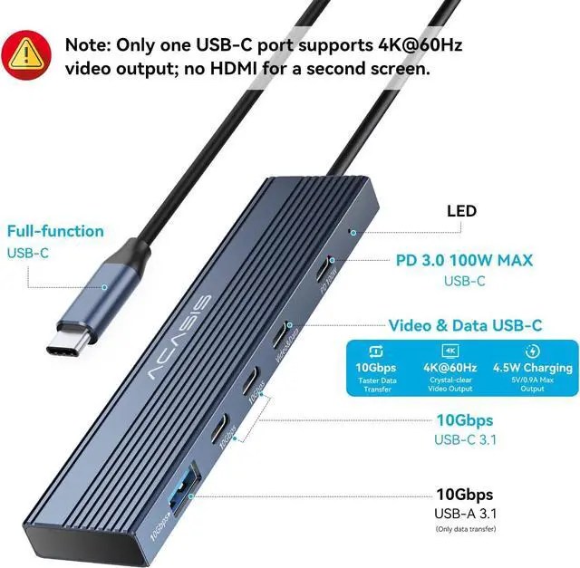 Alt view image 2 of 7 - ACASIS USB C Splitter with 4K@60Hz Video Output, USB C Hub 10Gbps, 1xUSB C Video Output for Portable Monitor, 3xUSB C 10Gbps,100W PD, Multiport Adapter Splitter for Dell/HP/Mac Pro/Samsung