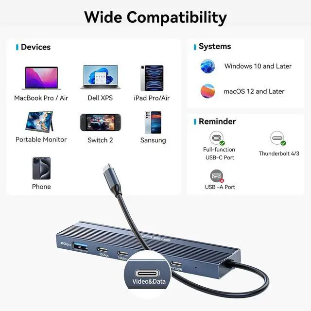 Alt view image 7 of 7 - ACASIS USB C Splitter with 4K@60Hz Video Output, USB C Hub 10Gbps, 1xUSB C Video Output for Portable Monitor, 3xUSB C 10Gbps,100W PD, Multiport Adapter Splitter for Dell/HP/Mac Pro/Samsung