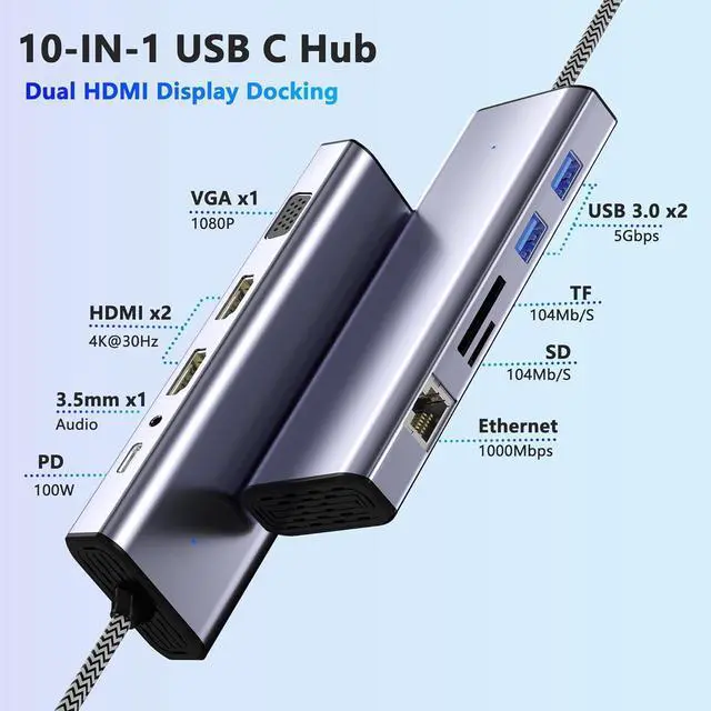 Alt view image 5 of 7 - Docking Station Dual Monitor, USB C to Dual HDMI Adapter, 10 in 1 Laptop Docking Station 3 Monitors with HDMI/VGA/PD/Ethernet/USB/SD/TF/3.5mm Audio