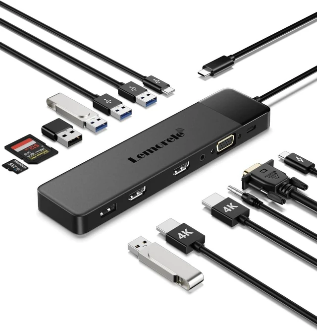 Main image of Lemorele 13 in 1 USB C Docking Station Triple Monitor w/Dual HDMI 4K, VGA, 5 USB 3.0/2.0, USB-C 3.0, 100W PD, SD/TF, 3.5mm Audio, Multiport Hub Adapter for Lenovo, Surface, Dell, HP Laptops