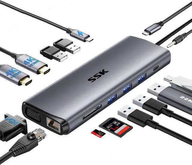 Main image of SSK USB C Laptop Docking Station Dual Monitor,14 in 1 USB C Hub Multiport Adapter with 2 HDMI,VGA,RJ45 Ethernet,5 USBA,1 USB C 3.1 Data Port, SD/TF,PD3.0, for Thunderbolt MacBook Pro Lenovo Dell HP