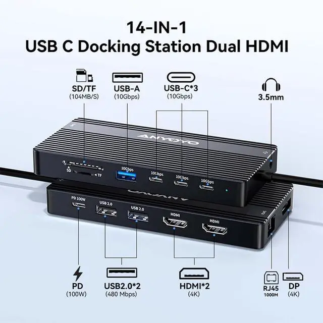 Alt view image 2 of 7 - USB C Hub USB C Docking Station Dual Monitor14-IN-1 Triple Display Multiport Adapter with 2*HDMI +DP + 5*USB-A/C 10Gbps Ports+Ethernet+SD/TF Laptop Docking Station for HP/Dell/Lenovo/Thinkpad (Black)