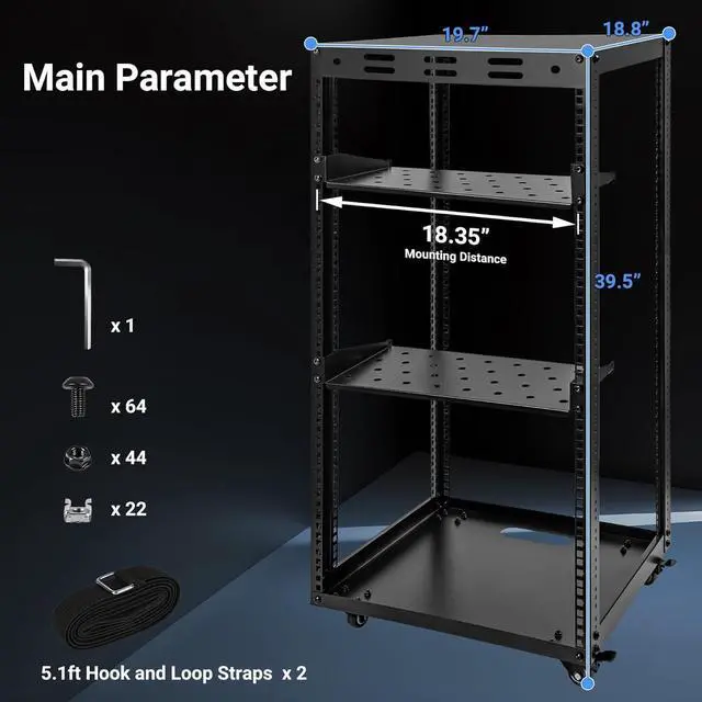 Alt view image 3 of 7 - 20U Server Rack w/ 2 Racks, Versatile Open Frame IT Rack - Wall-Mount, Rotate and Push w/Ease, AV Rack w/Top & Bottom Panels, Hook and Loop Straps for 19" Stereo/Data/IT/Computer Equipment
