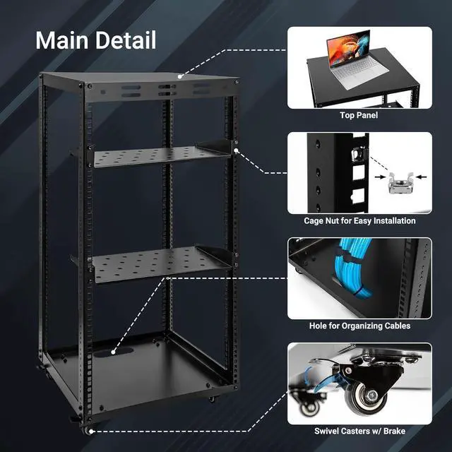 Alt view image 5 of 7 - 20U Server Rack w/ 2 Racks, Versatile Open Frame IT Rack - Wall-Mount, Rotate and Push w/Ease, AV Rack w/Top & Bottom Panels, Hook and Loop Straps for 19" Stereo/Data/IT/Computer Equipment