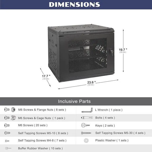 Alt view image 2 of 6 - 9U Wall Mount Server Cabinet with A Lockable Front Vented Door, Cooling Fans, Removable Side Panels - 45cm Depth, 19" Network Rack Including 2 PCS Full-Size Rack Shelves for IT Equipment