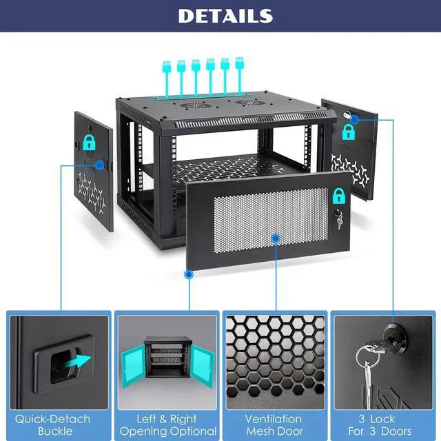 Alt view image 4 of 6 - 9U Wall Mount Server Cabinet with A Lockable Front Vented Door, Cooling Fans, Removable Side Panels - 45cm Depth, 19" Network Rack Including 2 PCS Full-Size Rack Shelves for IT Equipment