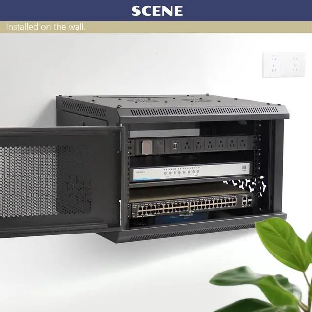 Alt view image 5 of 6 - 9U Wall Mount Server Cabinet with A Lockable Front Vented Door, Cooling Fans, Removable Side Panels - 45cm Depth, 19" Network Rack Including 2 PCS Full-Size Rack Shelves for IT Equipment