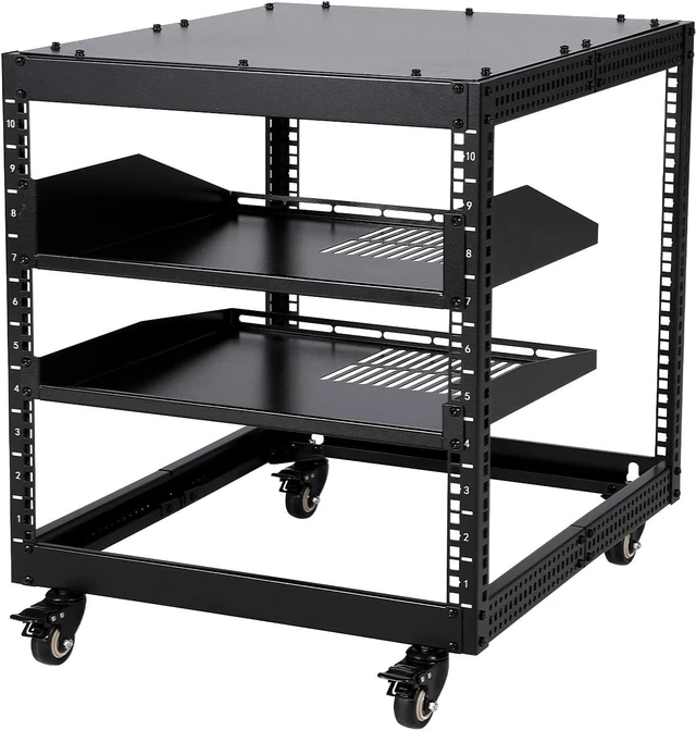 Main image of 10U Open Network Rack, Carbon Steel Server Rack with 2 Trays & Casters, Height Adjustable 22-40in - Ideal for AV Equipment, Servers & Network Devices