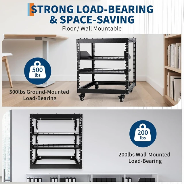 Alt view image 3 of 7 - 10U Open Network Rack, Carbon Steel Server Rack with 2 Trays & Casters, Height Adjustable 22-40in - Ideal for AV Equipment, Servers & Network Devices