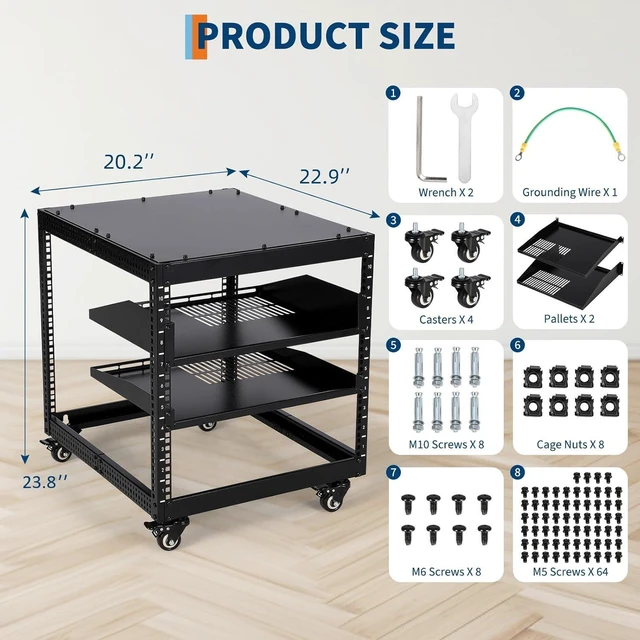Alt view image 2 of 7 - 10U Open Network Rack, Carbon Steel Server Rack with 2 Trays & Casters, Height Adjustable 22-40in - Ideal for AV Equipment, Servers & Network Devices