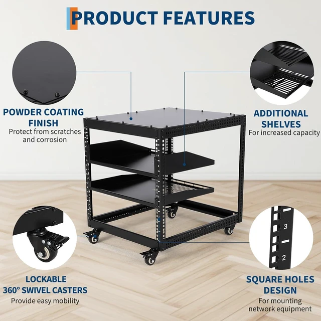 Alt view image 4 of 7 - 10U Open Network Rack, Carbon Steel Server Rack with 2 Trays & Casters, Height Adjustable 22-40in - Ideal for AV Equipment, Servers & Network Devices