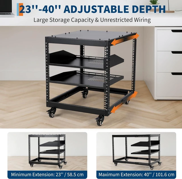 Alt view image 5 of 7 - 10U Open Network Rack, Carbon Steel Server Rack with 2 Trays & Casters, Height Adjustable 22-40in - Ideal for AV Equipment, Servers & Network Devices